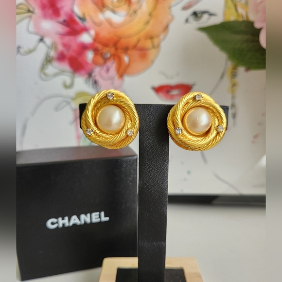 CHANEL Pearl Rhinestone Gold Tone Earrings - Picture 1 of 8
